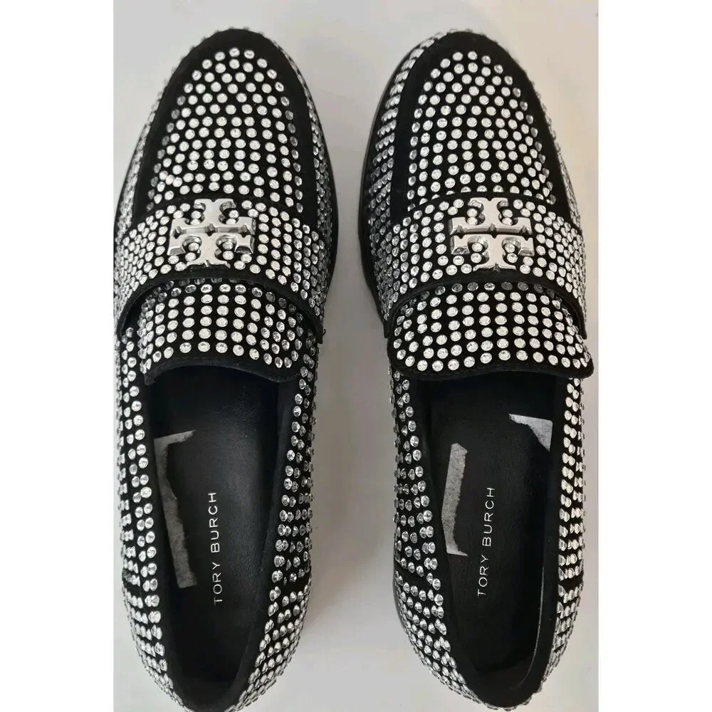 New Tory Burch Chunky Loafer Mini Everly Black Suede Crystals Lug Sole Size 7M